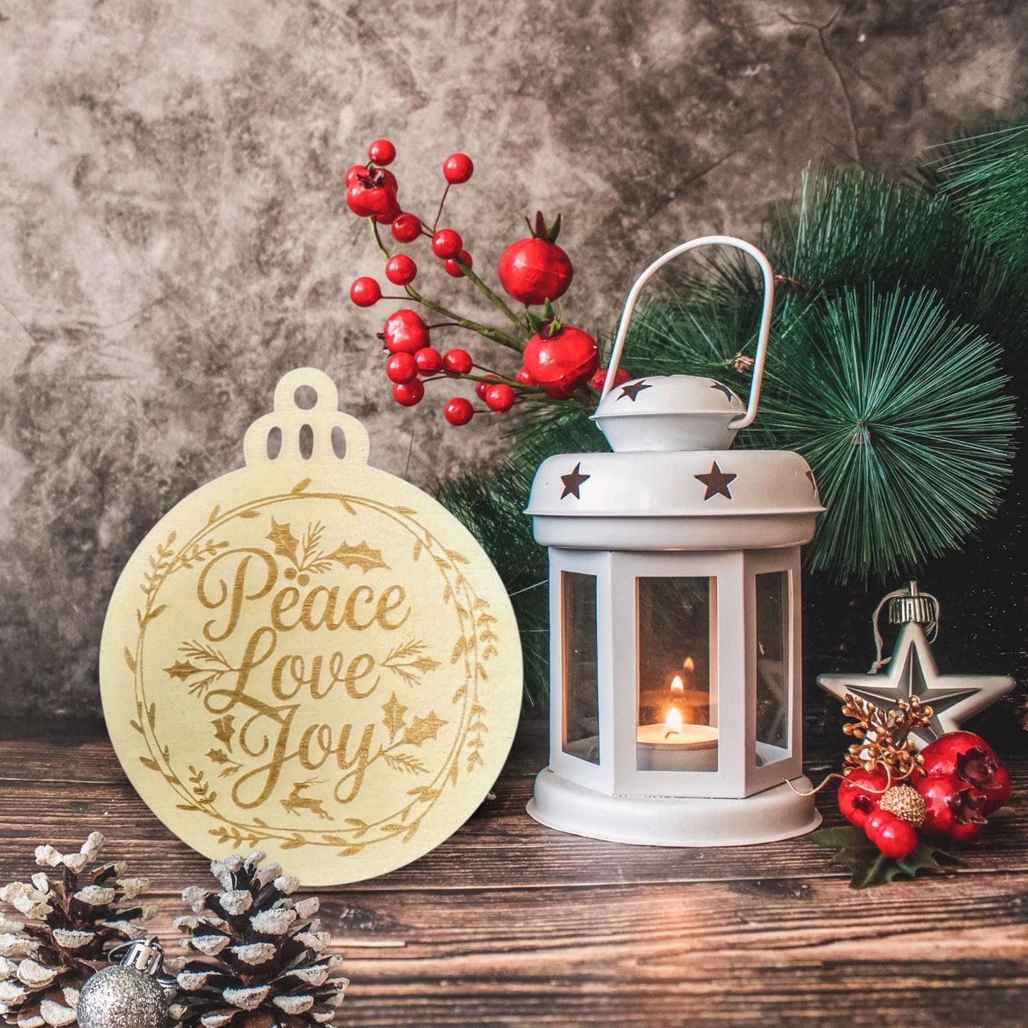Engraved Peace Love Joy Wooden Ornament (Set of 6)