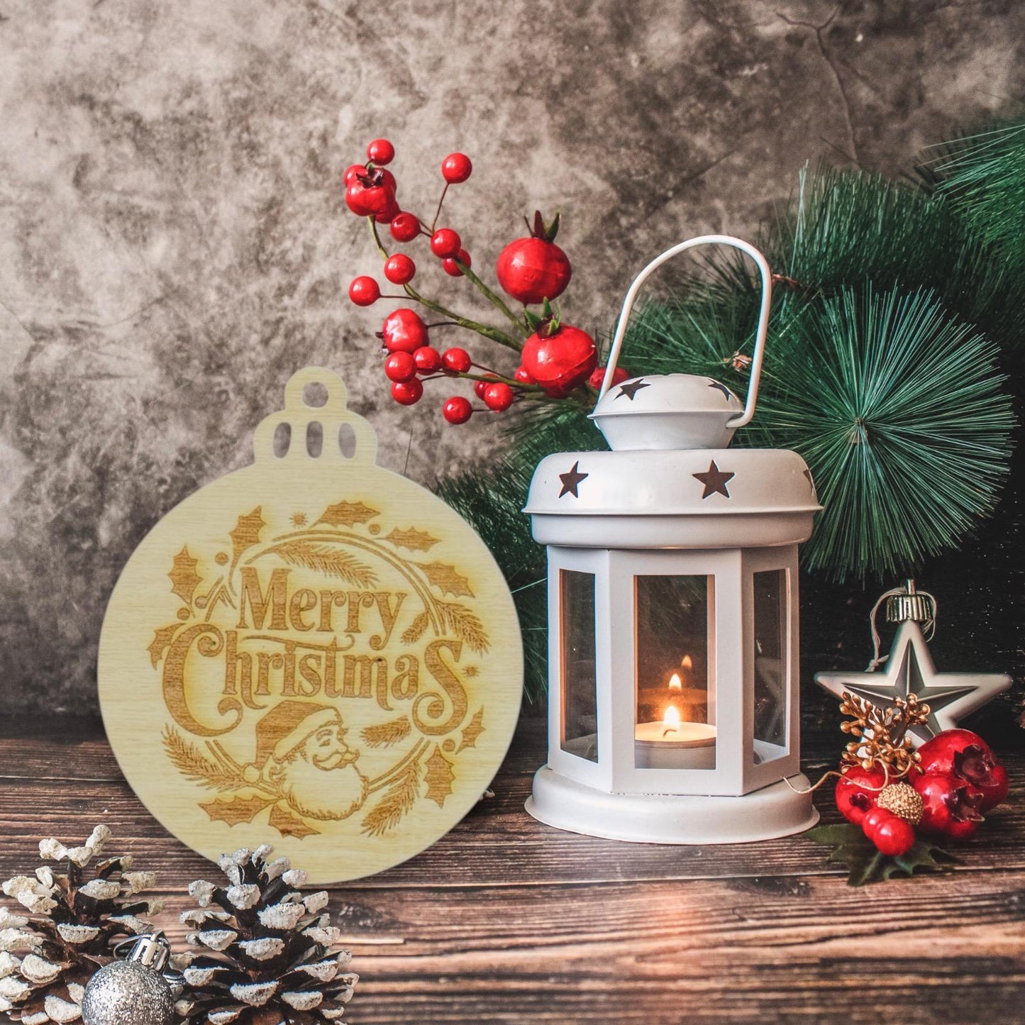 Engraved Santa Wreath Wooden Ornament (Set of 6)