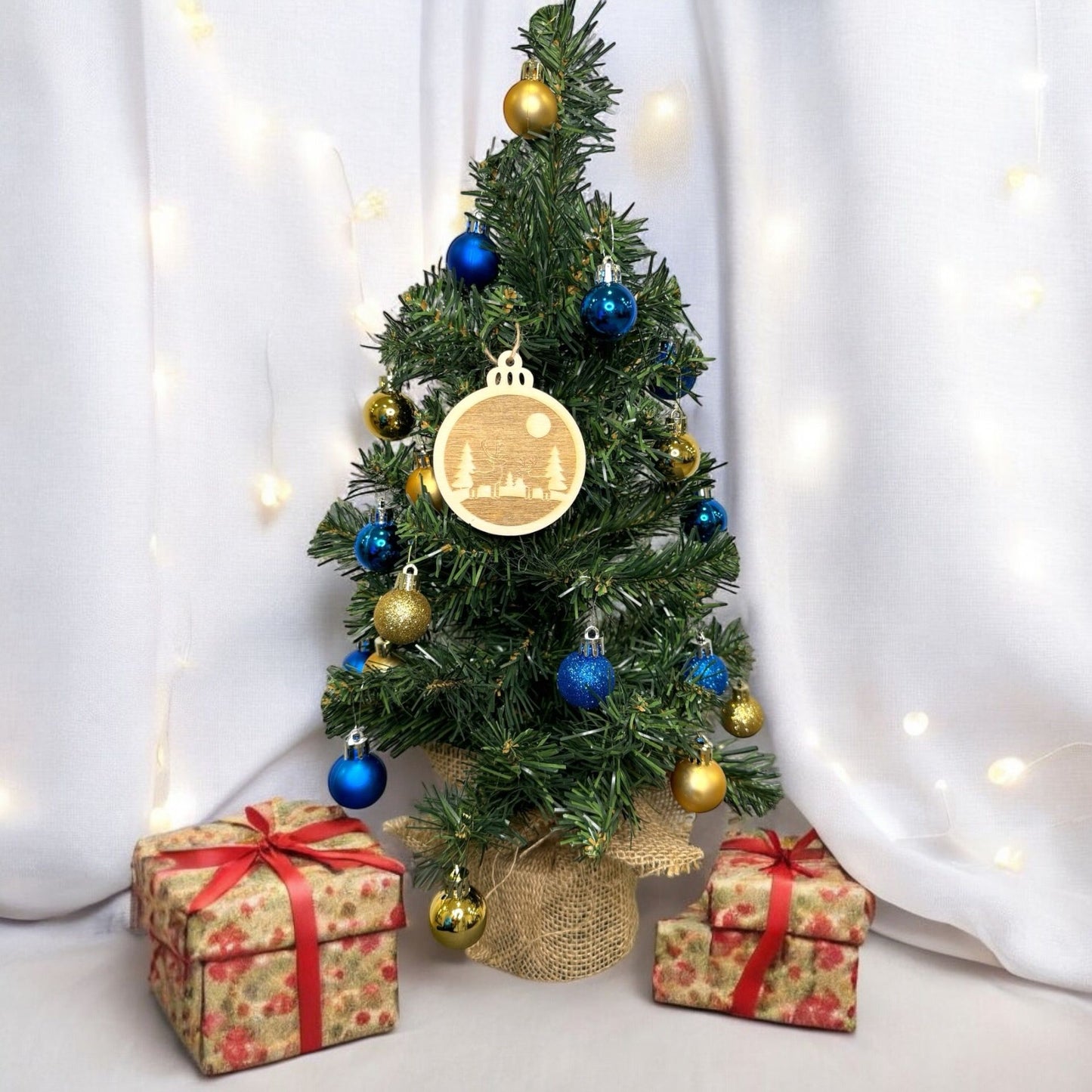 Engraved Double Reindeer Forest Wooden Ornament (Set of 6)