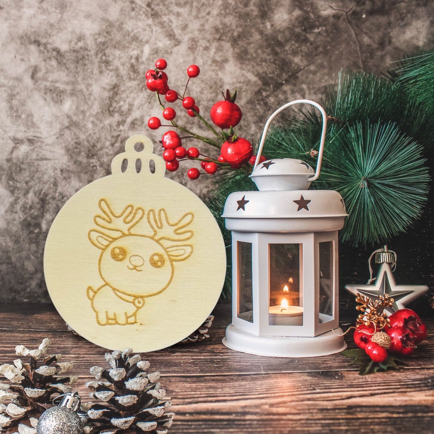 Engraved Cartoon Reindeer Wooden Ornament (Set of 6)