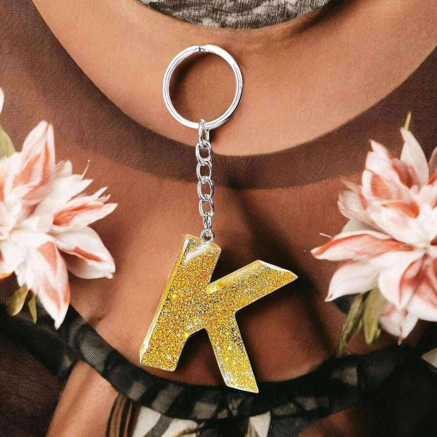 Golden Glow Resin Letter Keychain