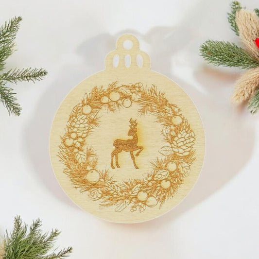 Engraved Deer Wreath Wooden Ornament (Set of 6)