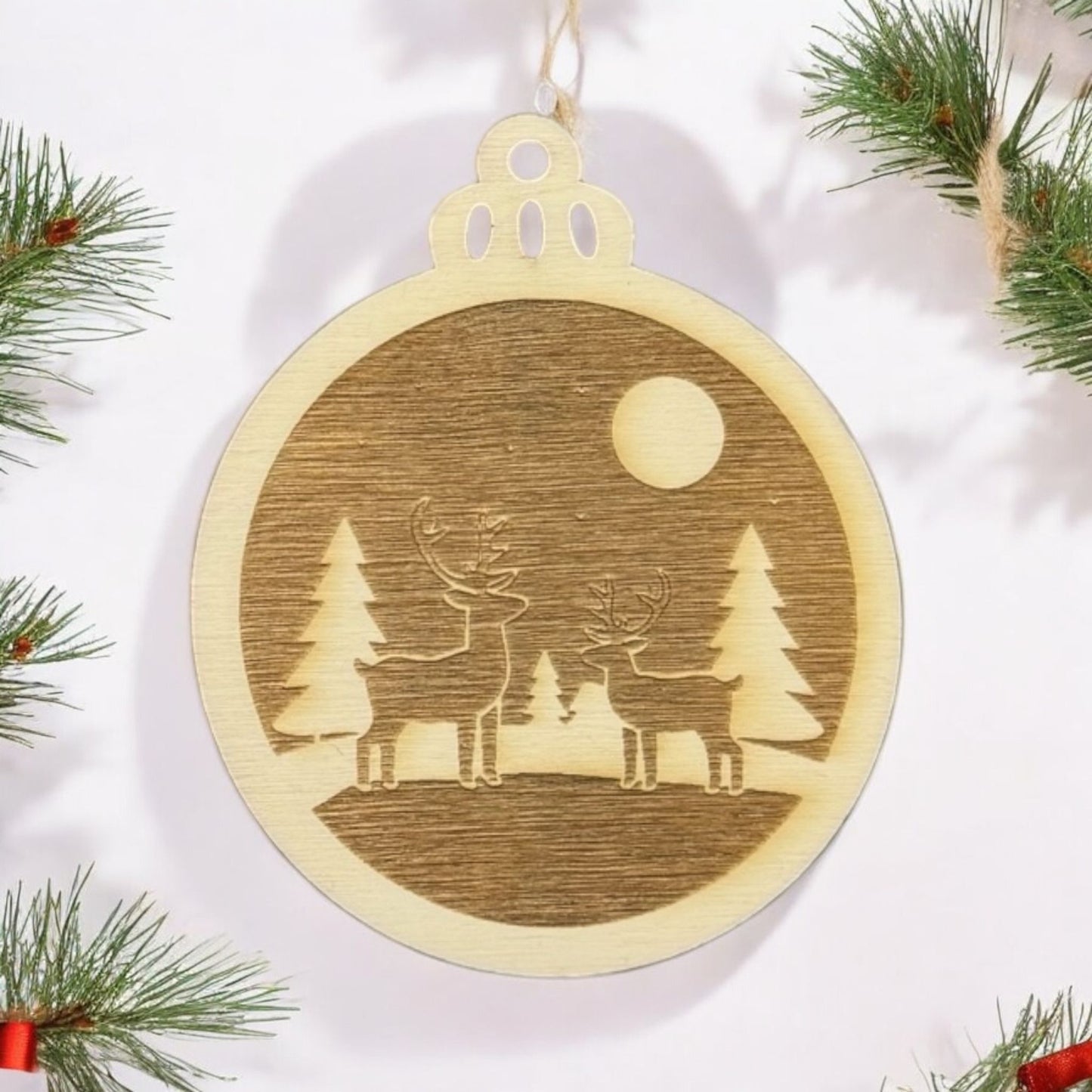 Engraved Double Reindeer Forest Wooden Ornament (Set of 6)