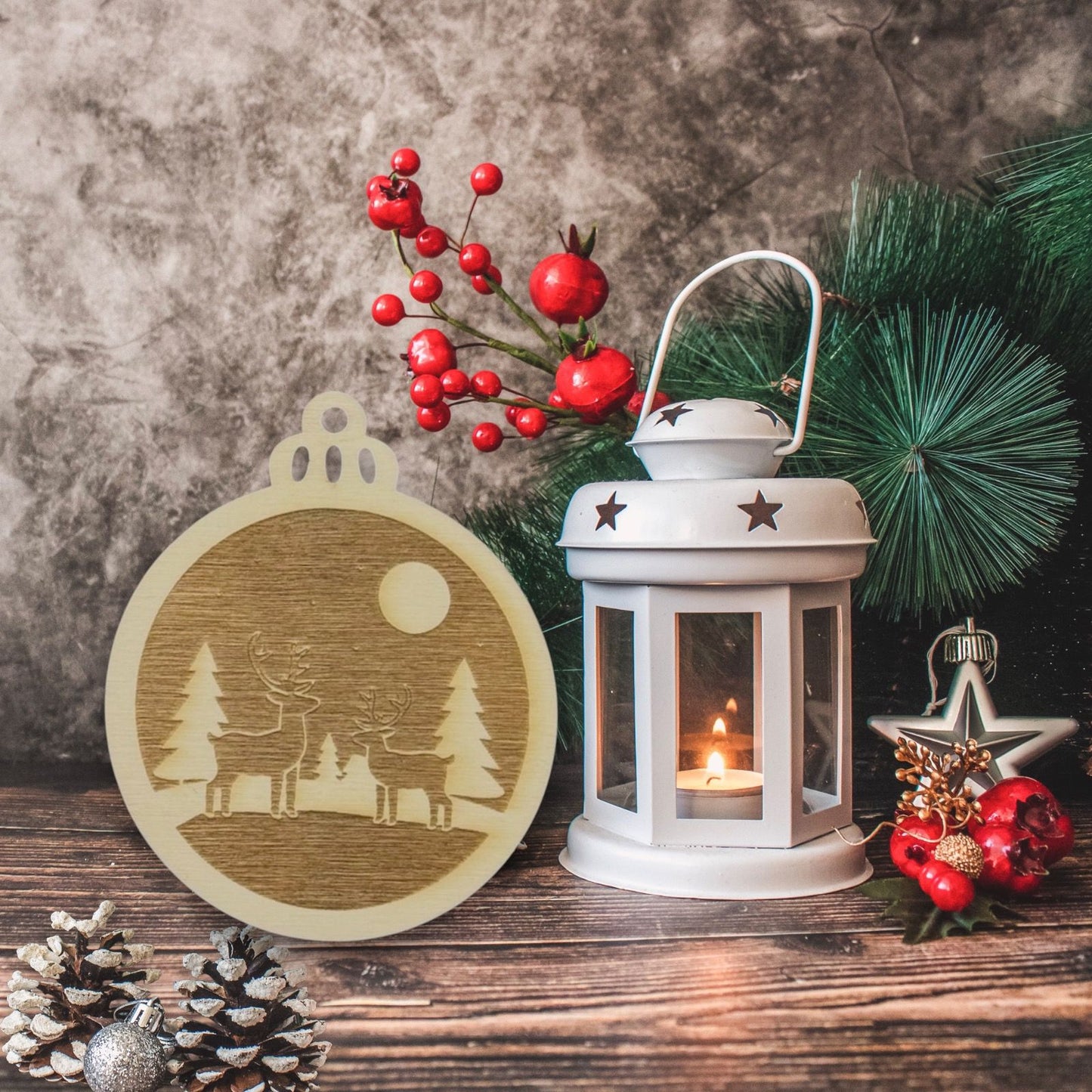 Engraved Double Reindeer Forest Wooden Ornament (Set of 6)