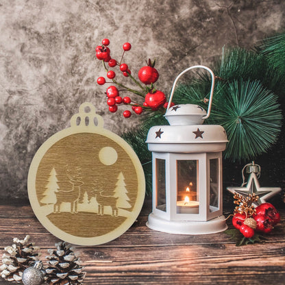 Engraved Double Reindeer Forest Wooden Ornament (Set of 6)
