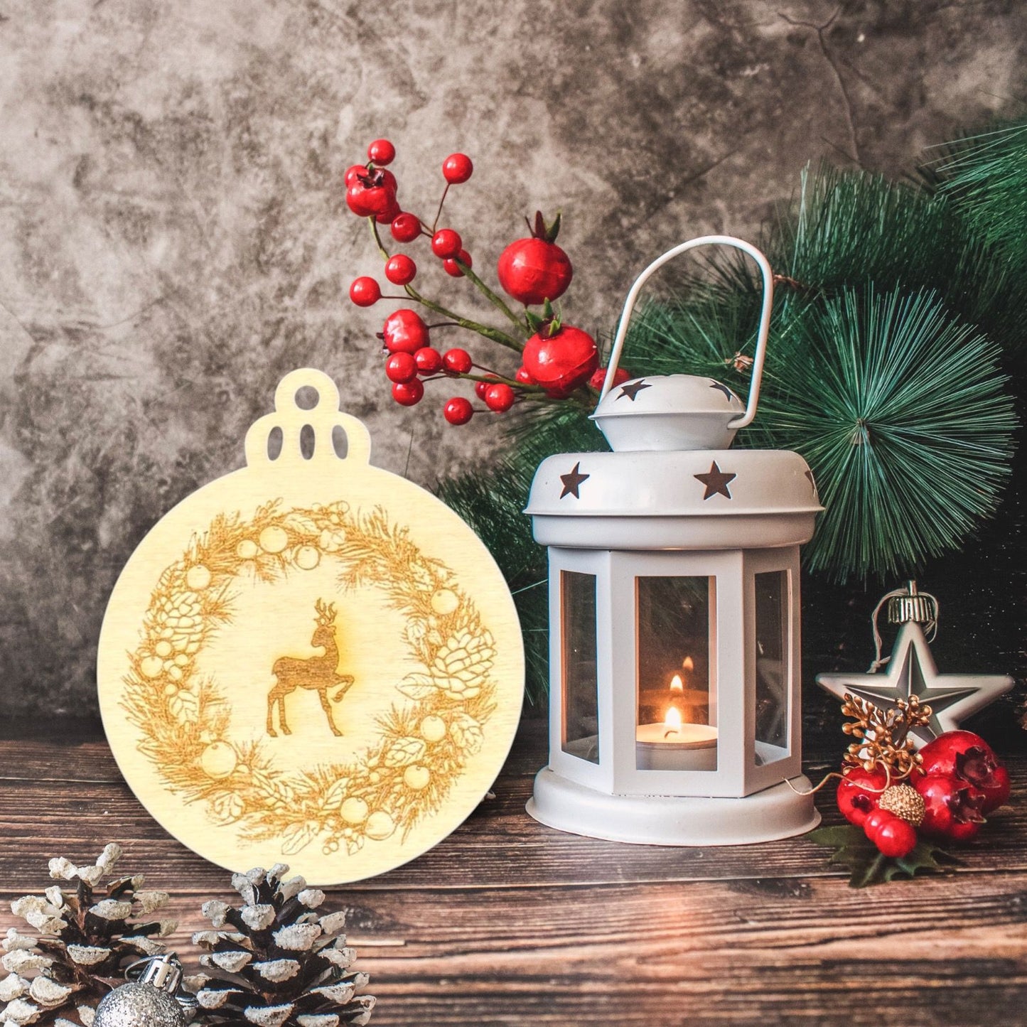Engraved Deer Wreath Wooden Ornament (Set of 6)
