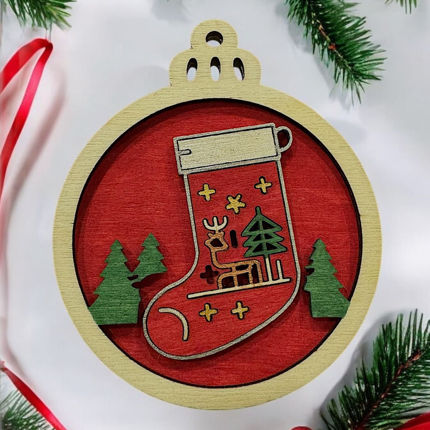 Double Layered Reindeer Stocking Ornament (Set of 6)