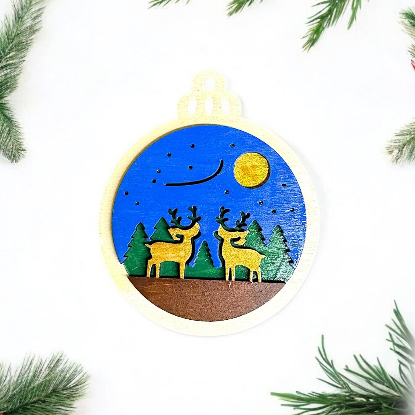 Double Layered Pair of Reindeer Forest Ornament (Set of 6)